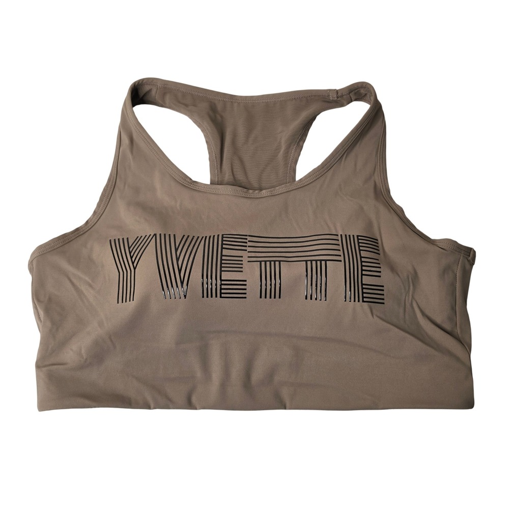 Yvette Sports Bra Womens M Brown Logo Racerback High Impact Padded Mesh Keyhole